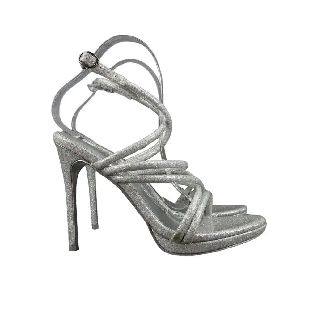 Nine West Shoes Womens 8 Heeled Sandal Ankle Strap Pumps Platform Silver Glitter